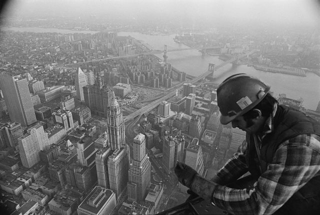 Construction crew member working at a high altitude