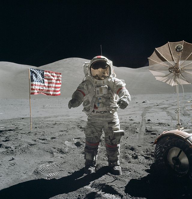 Eugene Cernan in a spacesuit on the moon