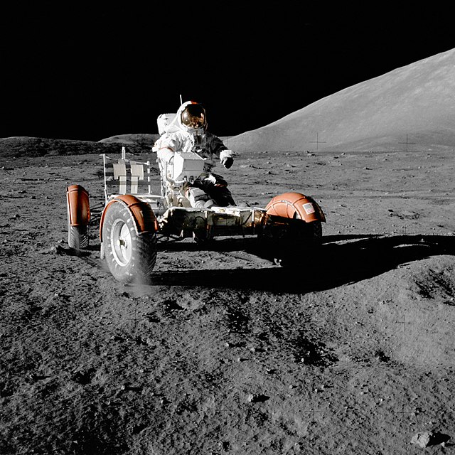 Eugene Cernan on a lunar vehicle