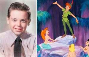Bobby Driscoll + Three mermaids looking at Peter Pan