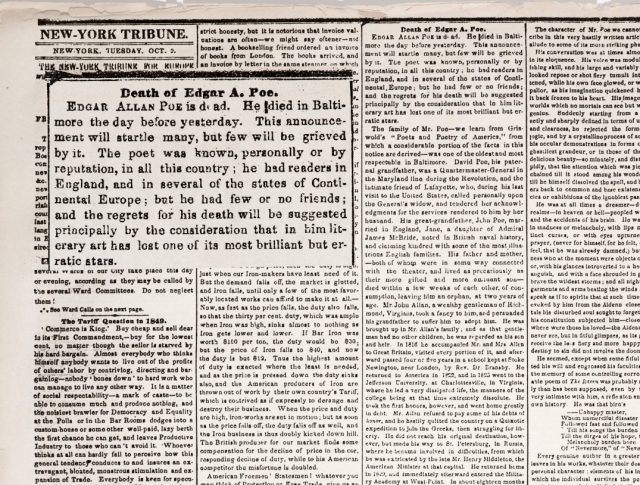 Newspaper article about Poe's death