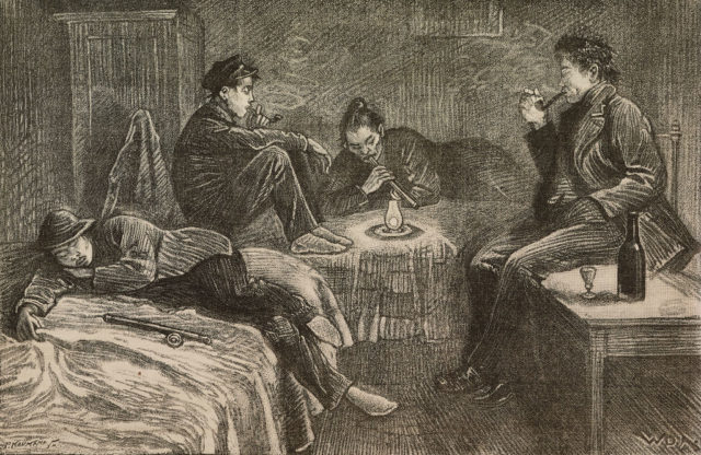 drawing of an opium den