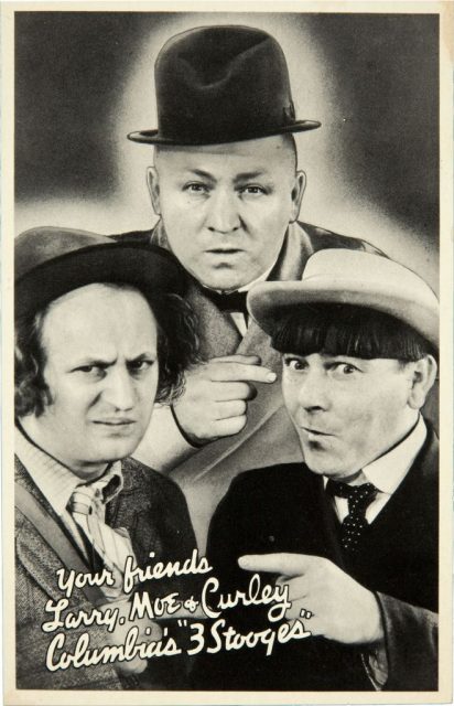 This One, poster, The Three Stooges l-r: Larry Fine, Curly Howard, Moe Howard on promotional poster, circa 1937. (Photo Credit: LMPC via Getty Images)