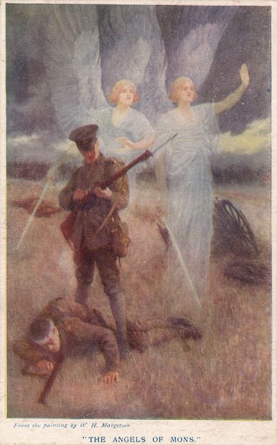 A postcard depicting the famous myth of divine intervention by angels on the battlefield at Mons, Belgium, 23rd August 1914. From a painting by W.H. Margetson. (Photo Credit: Hulton Archive/Getty Images)