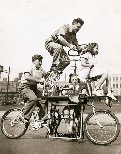 A four-position bicycle which also contains a built-in sewing machine (Photo Credit: Bettmann / Contributor)