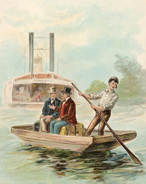 Illustration of a young Abraham Lincoln, future president of the United States, ferrying passengers across the Ohio River at one of his first jobs, Indiana, circa mid-1820s. The illustration is taken from the book ‘The Life of Abraham Lincoln for Young People.’ (Photo Credit: Kean Collection/Getty Images)