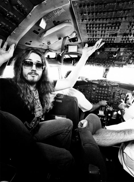 David Coverdale, Deep Purple singer, posed in the cockpit of their “Starship” plane (Photo by Fin Costello/Redferns)