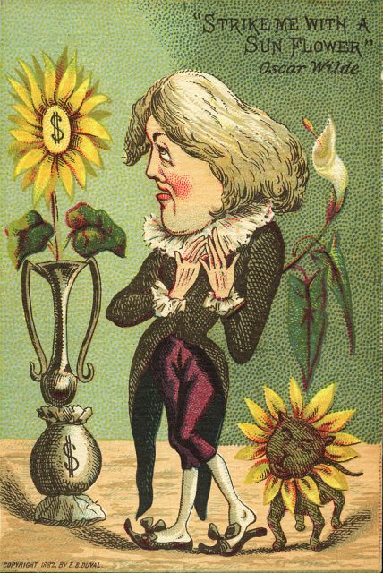 Oscar Wilde’s caricature appears on this trade card from Duval litho company of Philadelphia in 1882. The copy reads ‘Strike Me With A Sun Flower’. (Photo Credit: Transcendental Graphics/Getty Images)