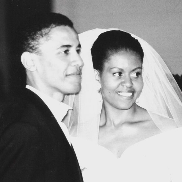 Michelle and Barack Obama on their wedding day 