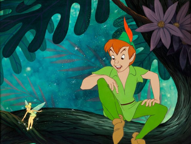 Peter Pan and Tinkerbell sitting on a tree branch