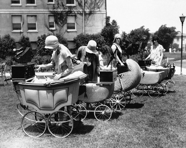 These mothers have installed a radio set on their baby’s pram, 1957. (Photo Credit: Keystone-FranceGamma-Rapho via Getty Images)