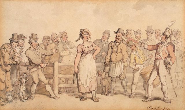 Victorian woman standing amongst a crowd of men