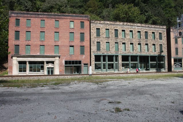 Front view of abandoned buildings