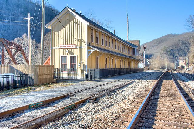 Chesapeake & Ohio Railway Station to the left of the tracks