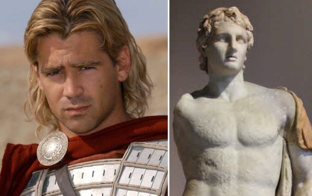 Colin Farrell as Alexander the Great + Statue of Alexander the Great