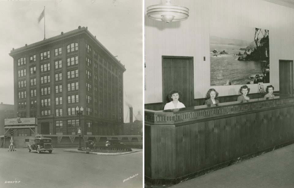 Indiana Bell Telephone Company, building being moved, 1930, and women at reception desk (Photo Credit:  BASS PHOTO CO COLLECTION, INDIANA HISTORICAL SOCIETY)