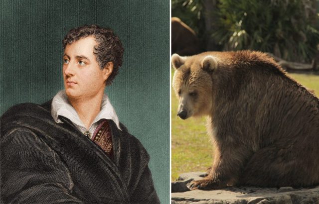 Colorized engraving shows a portrait of British poet and writer Lord Byron (1788 – 1824), early 1800s, and a bear. (Photo Credit: Stock Montage/Getty Images & Rodrigo Gomez / Barcroft Media via Getty Images / Barcroft Media via Getty Images)