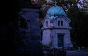 a cemetery at night