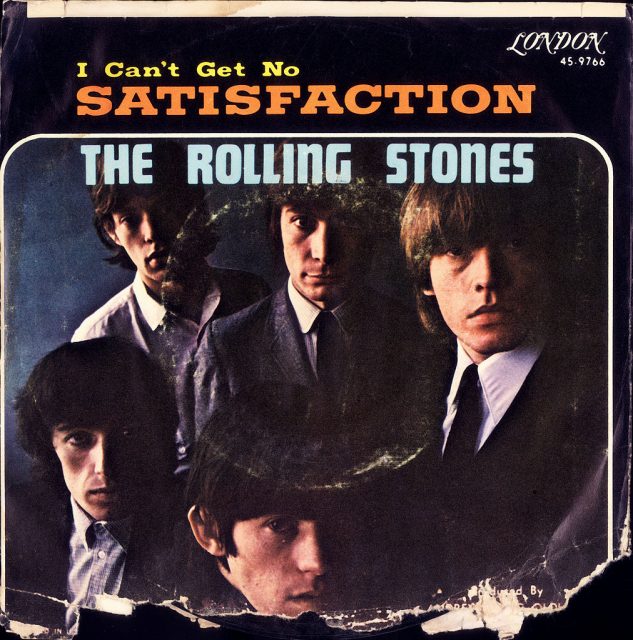 View of the cover of the US 45rpm single ‘I Can’t Get No Satisfaction’ by the Rolling Stones, which features a portrait of the band members, 1965. Published by London records, it has a catalogue number of 45-9766. (Photo Credit: Blank Archives/Getty Images)
