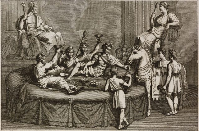 Caligula gives his horse Incitatus a drink during a banquet, Plate 7, engraving by Persichini from a drawing by Pinelli, from The History of the Roman Emperors from Augustus to Constantine, by Jean Baptiste Louis Crevier, 1836, Rome. (Photo Credit: Icas94 / De Agostini Picture Library via Getty Images)