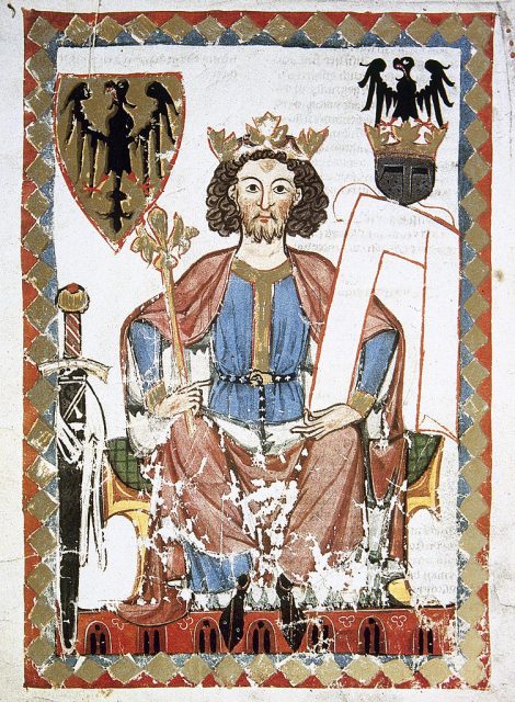 Henry VI Hohenstaufen (Nijmegen, 1165, Messina, 1197.) King of Italy and Germany and emperor (1191-1197), son of Frederick I Barbarossa, The emperor with the arms of the Habsburg Empire, Fol, 6r, Codex Manesse (ca.1300) by Rudiger Manesse and his son Johannes, University of Heidelberg, Library, Germany. (Photo Credit: Prisma/UIG/Getty Images)