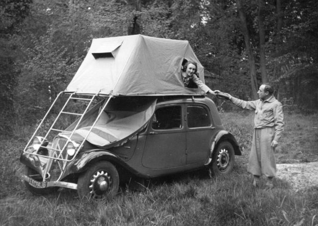 Circa 1950: A tent that balances very neatly on top of a car. (Photo Credit: Hulton Archive/Getty Images)