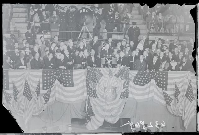 Photo shows a general view of the platform during Coolidge address at Madison Square Garden. (Photo Credit: Bettmann / Contributor)