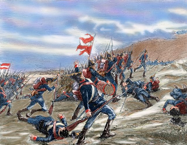The First Schleswig War or Three Years’ War (1848-1851). Fighting between the Danes and Prussians at the Battle at Kolding on April 23, 1849. Nineteenth century colored engraving. (Photo Credit: Ipsumpix/Corbis via Getty Images)