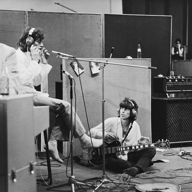 Rolling Stones Mick Jagger and Keith Richards at the Olympic Sound Studios. (Photo Credit: Keystone Features/Hulton Archive/Getty Images)