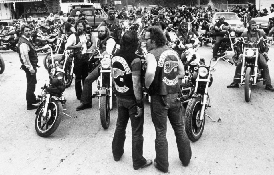 Hell's Angels members on motorcycles. (Photo by Bettmann Archive/Getty Images)