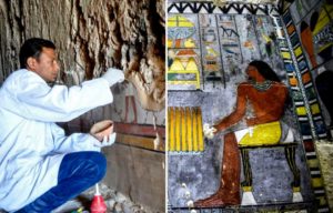 Archaeologist examining hieroglyphics + Hieroglyphics on the wall