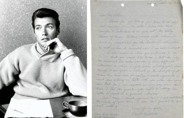 Actor Clint Eastwood drinks a cup of coffee at home in Los Angeles, California, left. (Photo Credit: Earl Leaf / Michael Ochs Archives / Getty Images) The letter he penned to Billy Wilder, right (Photo Credit: Heritage Auctions)