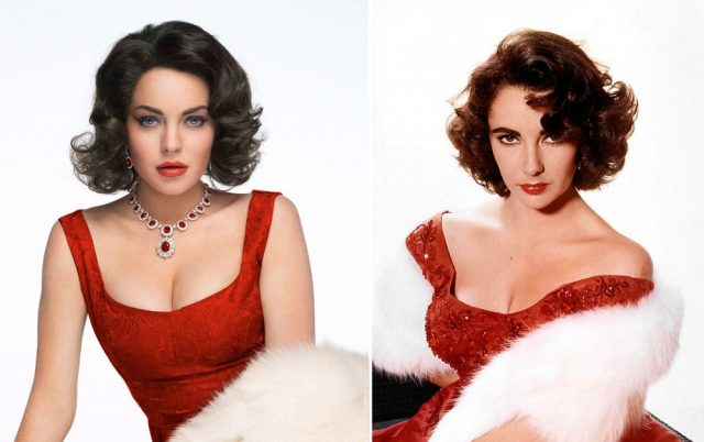 Lindsay Lohan as Elizabeth Taylor; Elizabeth Taylor dressed in a red dress and white fur shawl