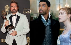 Marc Pilcher holding his Emmy Award + Bridgerton character standing beside each other