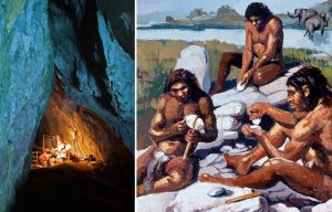 Cave lit by fire at night + Three Neanderthals making tools