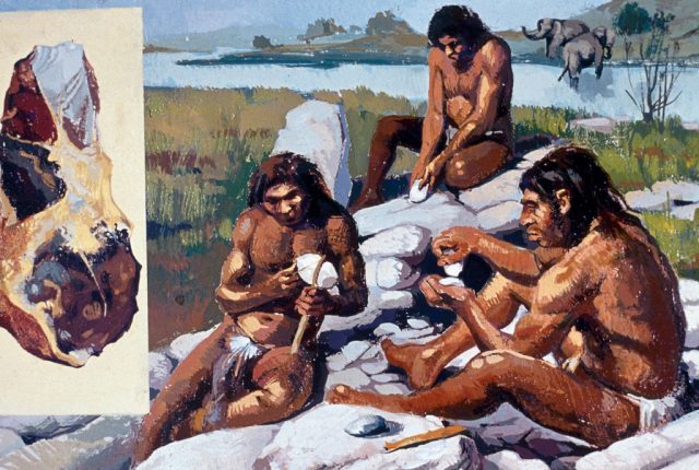 Painting of three Neanderthals making tools