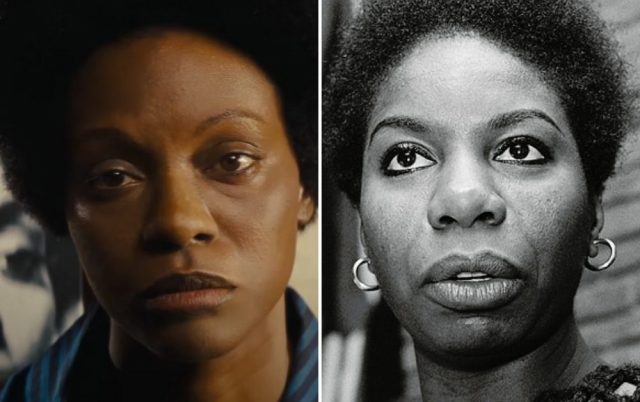 Zoe Saldana as Nina Simone + Nina Simone looking upward