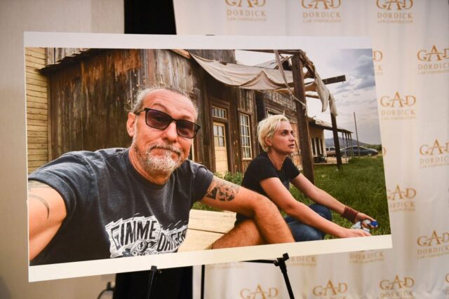 Serge Svetnoy and Halyna Hutchins sitting on the set of 'Rust'