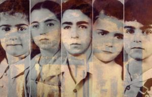 Jennie Sodder, Martha Sodder, Maurice Sodder, Betty Sodder and Louis Sodder + A house engulfed in flames