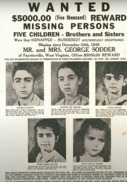 Missing persons poster featuring images of the five Sodder children
