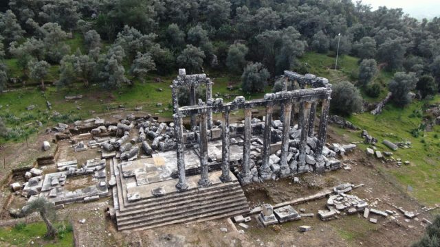 Ancient Greek ruins in a wooded area