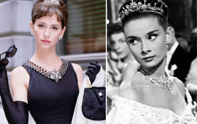 Jennifer Love Hewitt as Audrey Hepburn + Audrey Hepburn dressed in a dress and a tiara