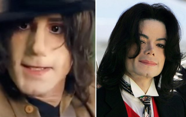 Joseph Fiennes as Michael Jackson + Michael Jackson outside a courthouse