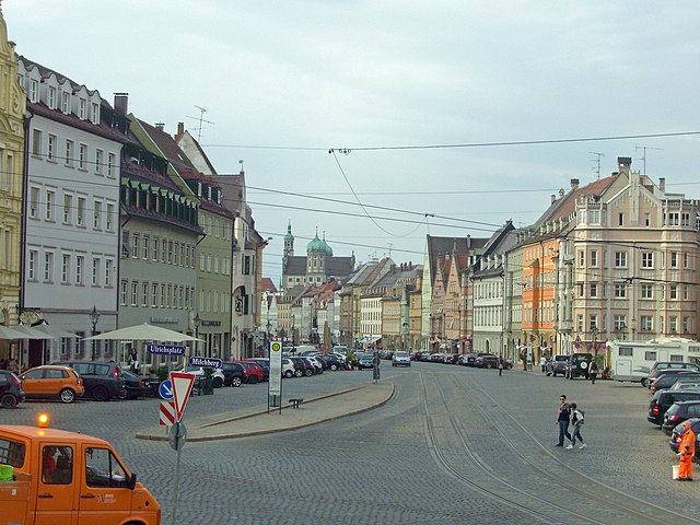 View of the road and buildings in the city of Augsburg, Germany