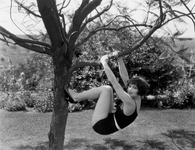 Clara Bow hanging from a tree branch