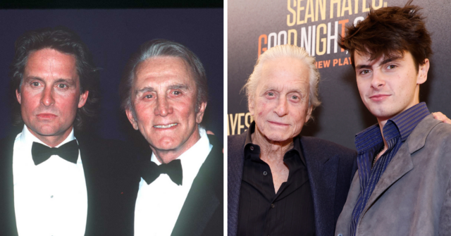 Michael and Kirk Douglas in 1988, left, and Michael and Dylan Douglas in 2023 on the right