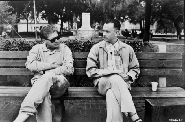 Robert Zemeckis and Tom Hanks sitting on a bench