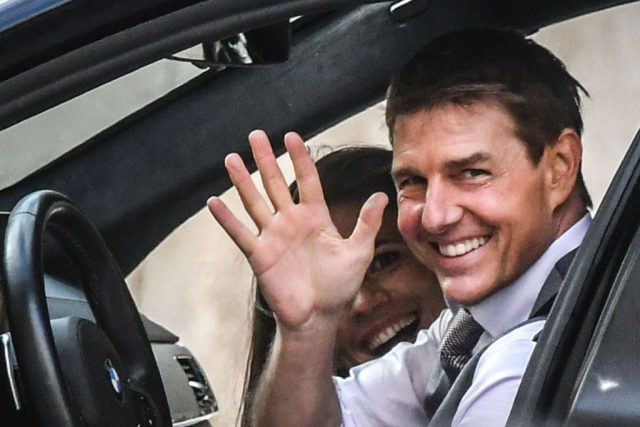 US actor Tom Cruise and British-US actress Hayley Atwell are pictured during the filming of “Mission Impossible : Lybra” on October 6, 2020 in Rome. (Photo Credit: ALBERTO PIZZOLI/AFP via Getty Images)