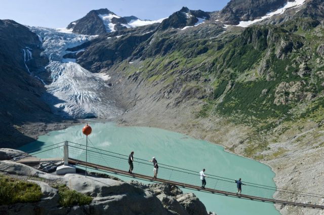 Trift suspension bridge. trift glacier. Switzerland. (Photo Credit: BlueRed/REDA&CO/Universal Images Group via Getty Images)