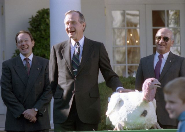 President Bush participates in the presentation and pardoning of the National Thanksgiving Turkey in the Rose Garden of the White House. (Photo Credit: HUM Images/Universal Images Group via Getty Images)